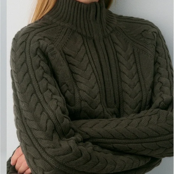 Heritage Knit Merino Wool 1/4 Zip Sweater Dark Olive - Picture 2 of 8